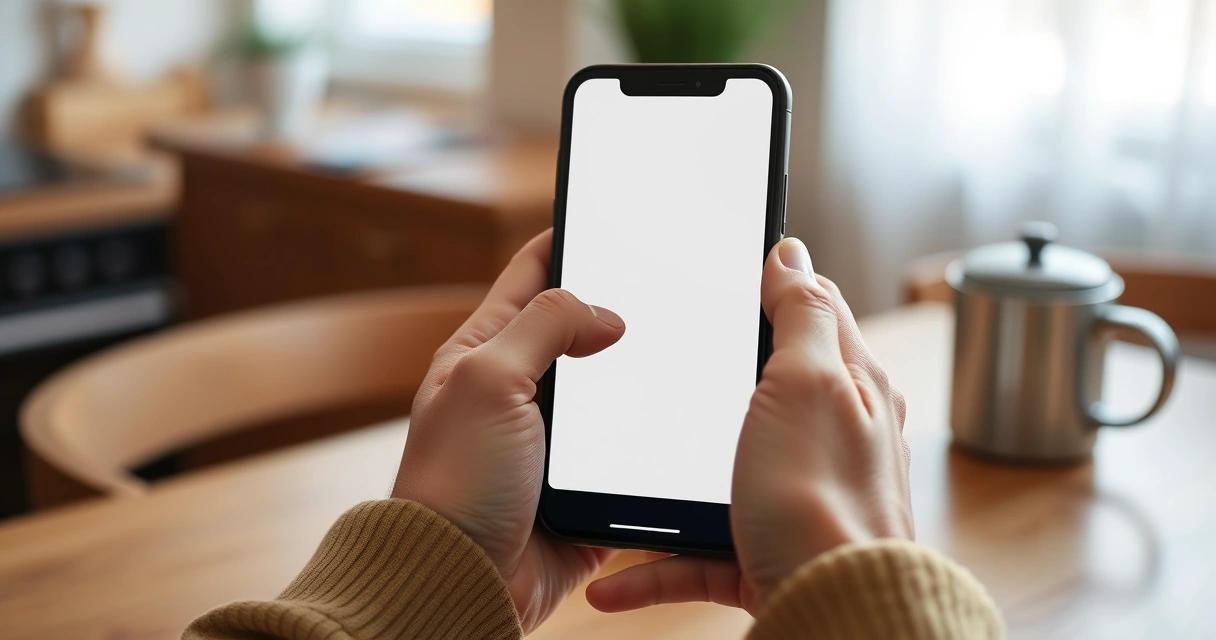 pessoa conferindo o celular na mesa da cozinha ao lado do café