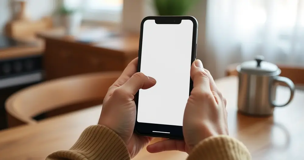 pessoa conferindo o celular na mesa da cozinha ao lado do café