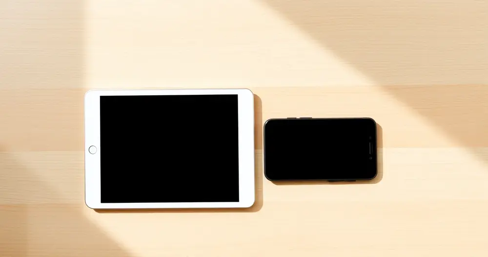 tablet e celular com telas apagadas sobre mesa de madeira clara
