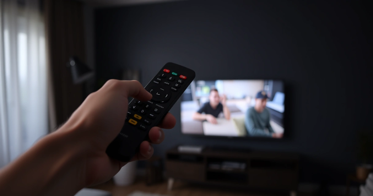 pessoa com o controle na mão diante da televisão ligada na sala