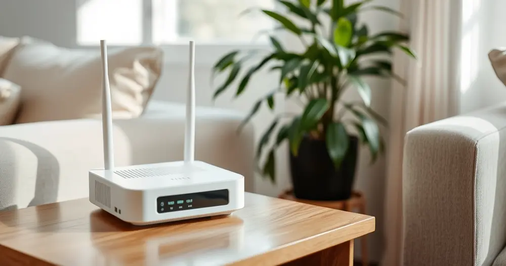 Roteador branco com antenas sobre mesa de apoio em sala clara