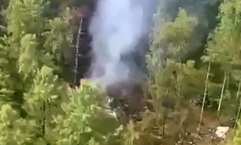 A imagem mostra uma área florestal densa com árvores verdes. No centro, há uma coluna de fumaça saindo de uma área que parece estar em chamas, indicando um incêndio. O solo é visível em algumas partes, com vegetação ao redor.