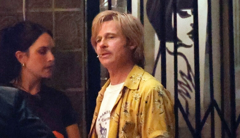 Brad Pitt Wears His Cliff Booth Wig & Costume While Filming at Vintage Movie Theater for ‘Once Upon a Time in Hollywood’ Sequel