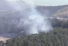 A imagem mostra uma área florestal com fumaça se elevando entre as árvores. Ao fundo, é possível ver uma colina e algumas construções. A fumaça é visível no centro da imagem, indicando um possível incêndio ou queima controlada.
