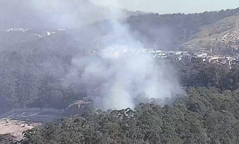 A imagem mostra uma área florestal com fumaça se elevando entre as árvores. Ao fundo, é possível ver uma colina e algumas construções. A fumaça é visível no centro da imagem, indicando um possível incêndio ou queima controlada.