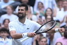 Novak Djokovic celebrates winning his 100th match at Wimbledon with a dance on Centre Court