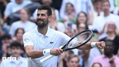 Novak Djokovic celebrates winning his 100th match at Wimbledon with a dance on Centre Court