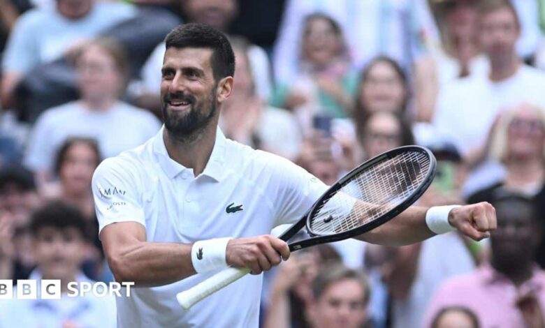Novak Djokovic celebrates winning his 100th match at Wimbledon with a dance on Centre Court
