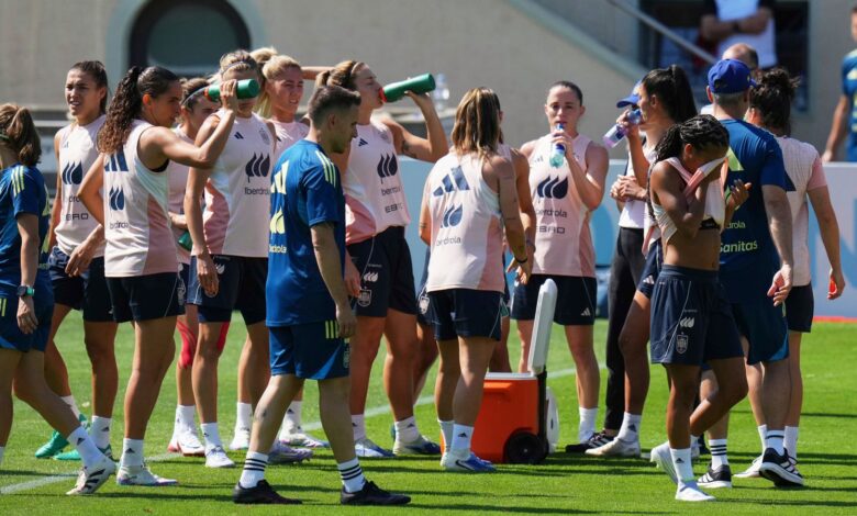 Players take a drink during a training session of Spain soccer team at the Euro 2025, in Lausanne, Switzerland Tuesday, July 1, 2025 Pic: AP