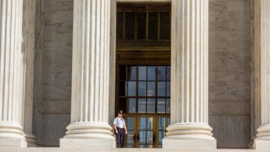 A guard on the Supreme Court steps