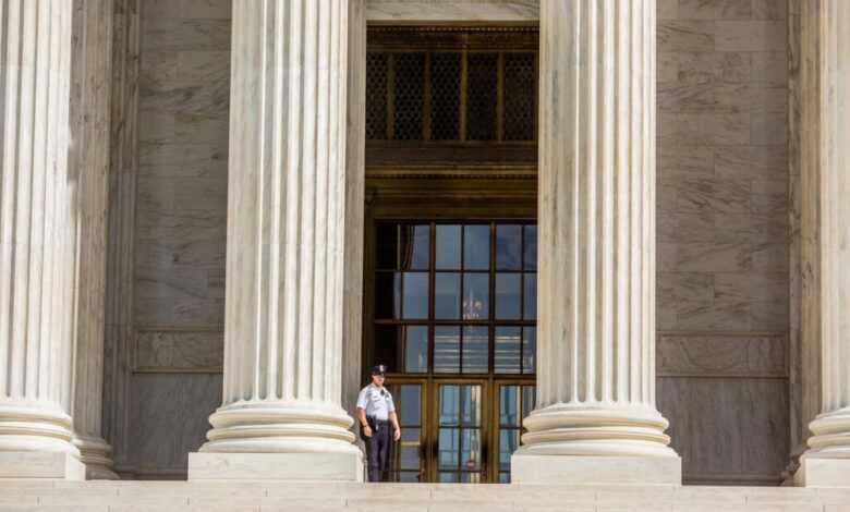A guard on the Supreme Court steps