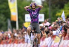 Mavi Garcia of Spain and Team Liv AlUla Jayco celebrates at finish line as stage winner during the 4th Tour de France Femmes 2025, Stage 2 a 110.4km stage from Brest to Quimper / #UCIWWT / on July 27, 2025 in Quimper, France. (Photo by Szymon Gruchalski/Getty Images)