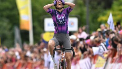 Mavi Garcia of Spain and Team Liv AlUla Jayco celebrates at finish line as stage winner during the 4th Tour de France Femmes 2025, Stage 2 a 110.4km stage from Brest to Quimper / #UCIWWT / on July 27, 2025 in Quimper, France. (Photo by Szymon Gruchalski/Getty Images)