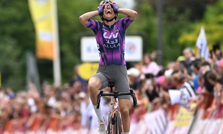 Mavi Garcia of Spain and Team Liv AlUla Jayco celebrates at finish line as stage winner during the 4th Tour de France Femmes 2025, Stage 2 a 110.4km stage from Brest to Quimper / #UCIWWT / on July 27, 2025 in Quimper, France. (Photo by Szymon Gruchalski/Getty Images)