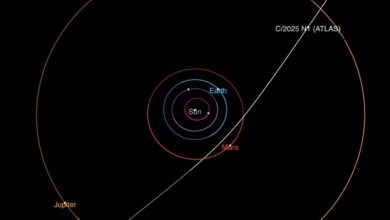 This diagram shows the trajectory of interstellar comet 3I/ATLAS as it passes through the solar system. It will make its closest approach to the Sun in October.