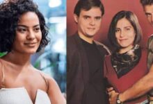 Maria de Fátima (Bella Campos) no remake; ao lado, Glória Pires entre Cássio Gabus Mendes e Carlos Alberto Riccelli