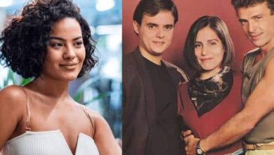 Maria de Fátima (Bella Campos) no remake; ao lado, Glória Pires entre Cássio Gabus Mendes e Carlos Alberto Riccelli