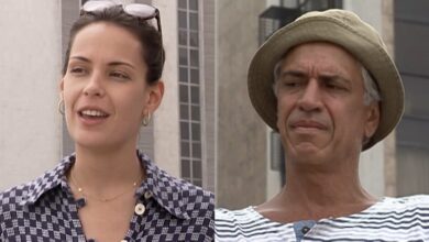 Paula é irônica com Assunção ao encontrá-lo na praia em História de Amor