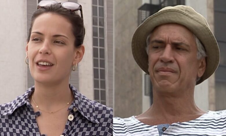Paula é irônica com Assunção ao encontrá-lo na praia em História de Amor